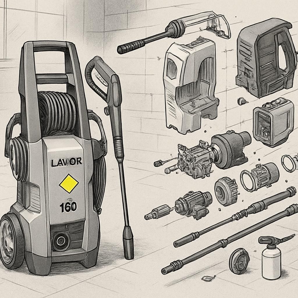 Découvrez la vue éclatée détaillée du nettoyeur haute pression Lavor 160 pour un entretien facile et des réparations précises.